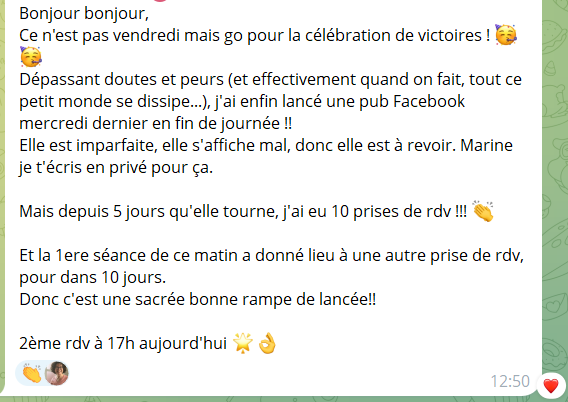 Message de Muriel : 10 prises de rendez-vous en 5 jours après sa première publicité Facebook