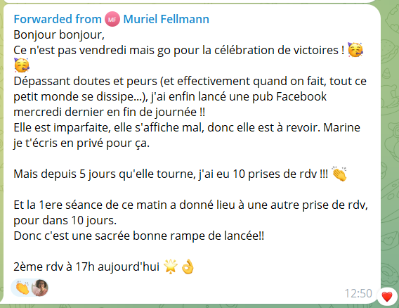 Message de Muriel : 10 prises de rendez-vous en 5 jours après sa première publicité Facebook