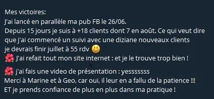 Message de Rachel : +18 clients en 15 jours, objectif 55 rendez-vous en juillet